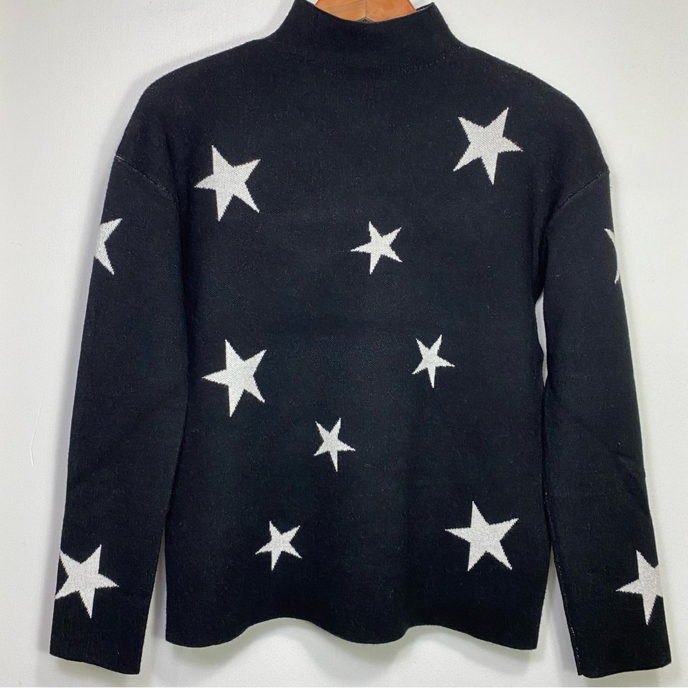 Tahari Stars Black White Knit Turtleneck Long Sleeves pullover Sweater, S
